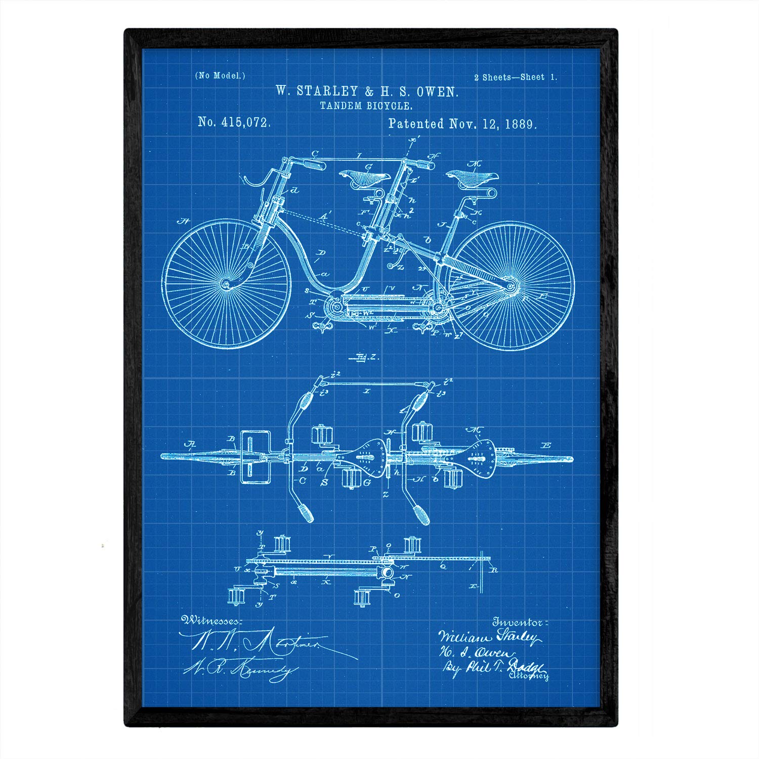 Nacnic Poster patented tandem bicycle. Sheet with old design patent A3 size with blue background