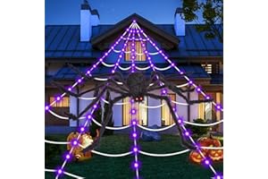 OCATO Halloween Decorations Spider Webs: Spider Web Lights 135 LED Purple Lights 59" Giant Spider Scary Halloween Decorations Outdoor Indoor for Party Garden Home Costumes Yard Haunted House
