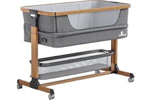 JOY & LOTUS Baby Bassinet Bedside Sleeper for Baby with Wheels, Mesh Fold Down Slide & Adjustable Heights- Easy Folding Portable Crib with Storage Basket &Travel Bag