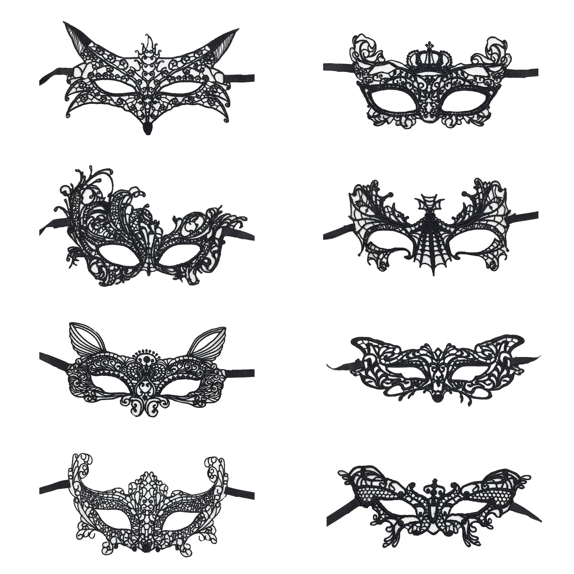ZKSM Masquerade Mask for Women, Venetian Lace Eye Mask and Black Lace Mask for Prom Ball Costume Hallowmas Carnival Party(8PCS)