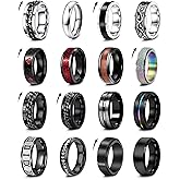 EIELO 16Pcs Stainless Steel Men Fidget Rings for Men Women Stress Anxiety Relief Spinning Rings Cool Black Rings Fashion Chain Band Ring Mens Wedding Engagement Ring Set
