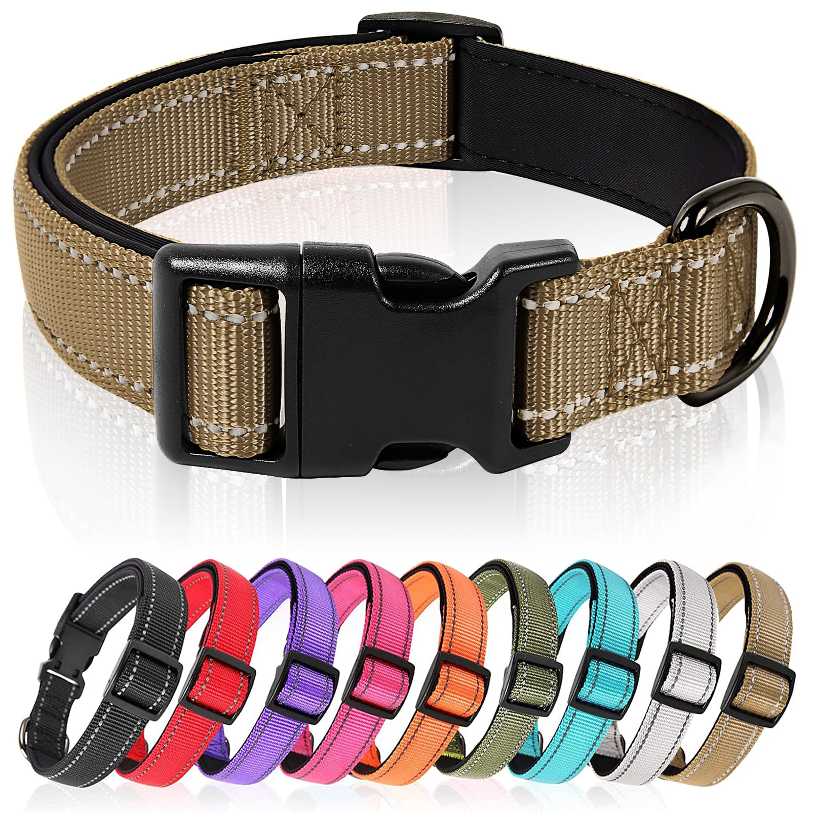HEELE Dog Collar, Reflective Dog Collar, Soft Neoprene Padded Breathable Nylon Pet Collar Adjustable for Medium Dogs, Brown, M(34-52cm)