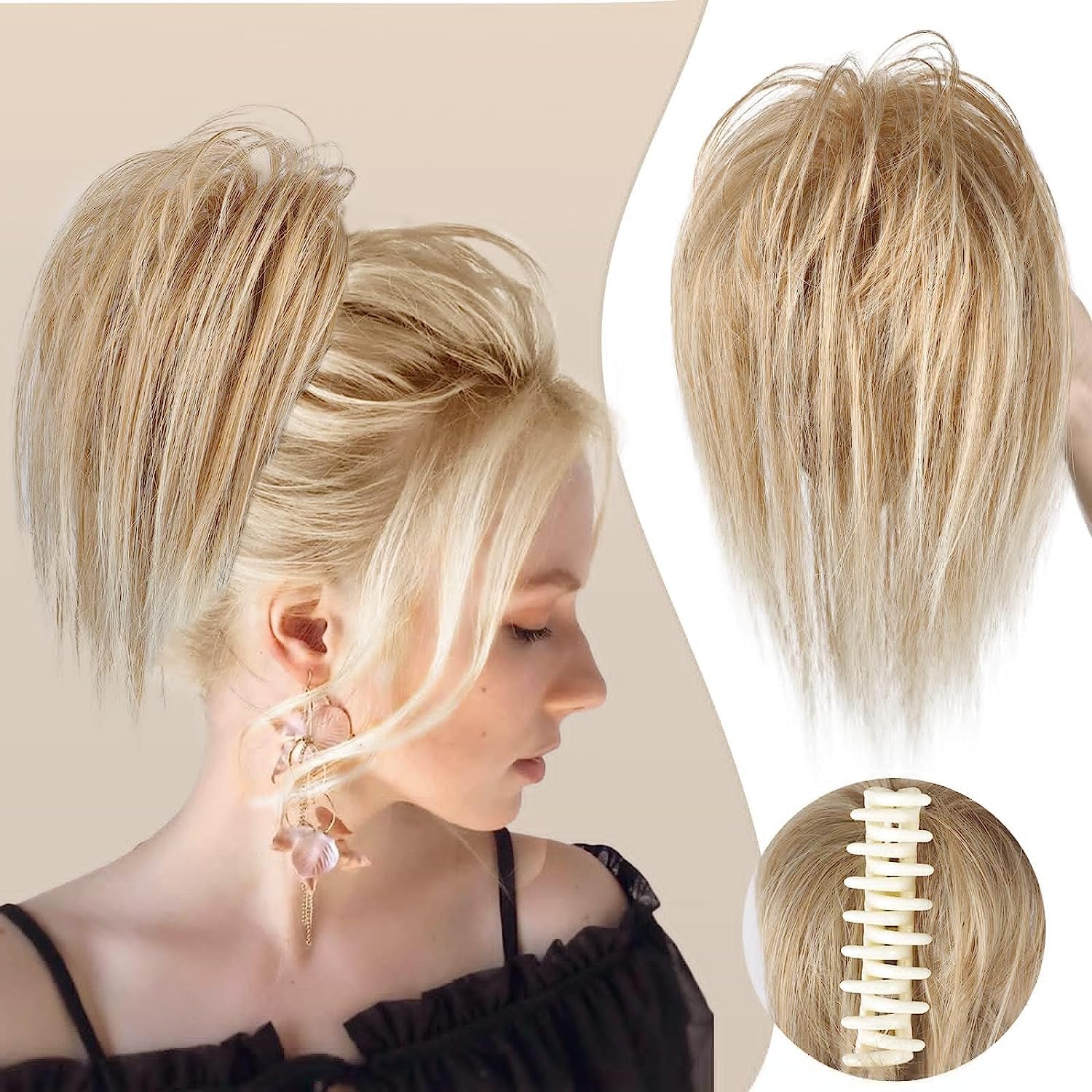 colorfulpanda Claw Clip in Ponytail Hair Extensions 10 Inch, Messy Bun Clip in Hair Scrunchies Natural Straight Synthetic Hairpiece Short Ponytail Bun Hair Chignons for Women Girls,Blonde