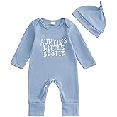Suolongsama Infant Baby Boy Outfit Aunties Bestie Embroidery Romper Long Sleeve Waffle Jumpsuit with Hat Fall Winter Clothes