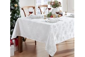 Newbridge Metallic Snowflake Christmas No-Iron Soil Resistant Fabric Holiday Tablecloths - 60 X 84 Oblong, White/Silver