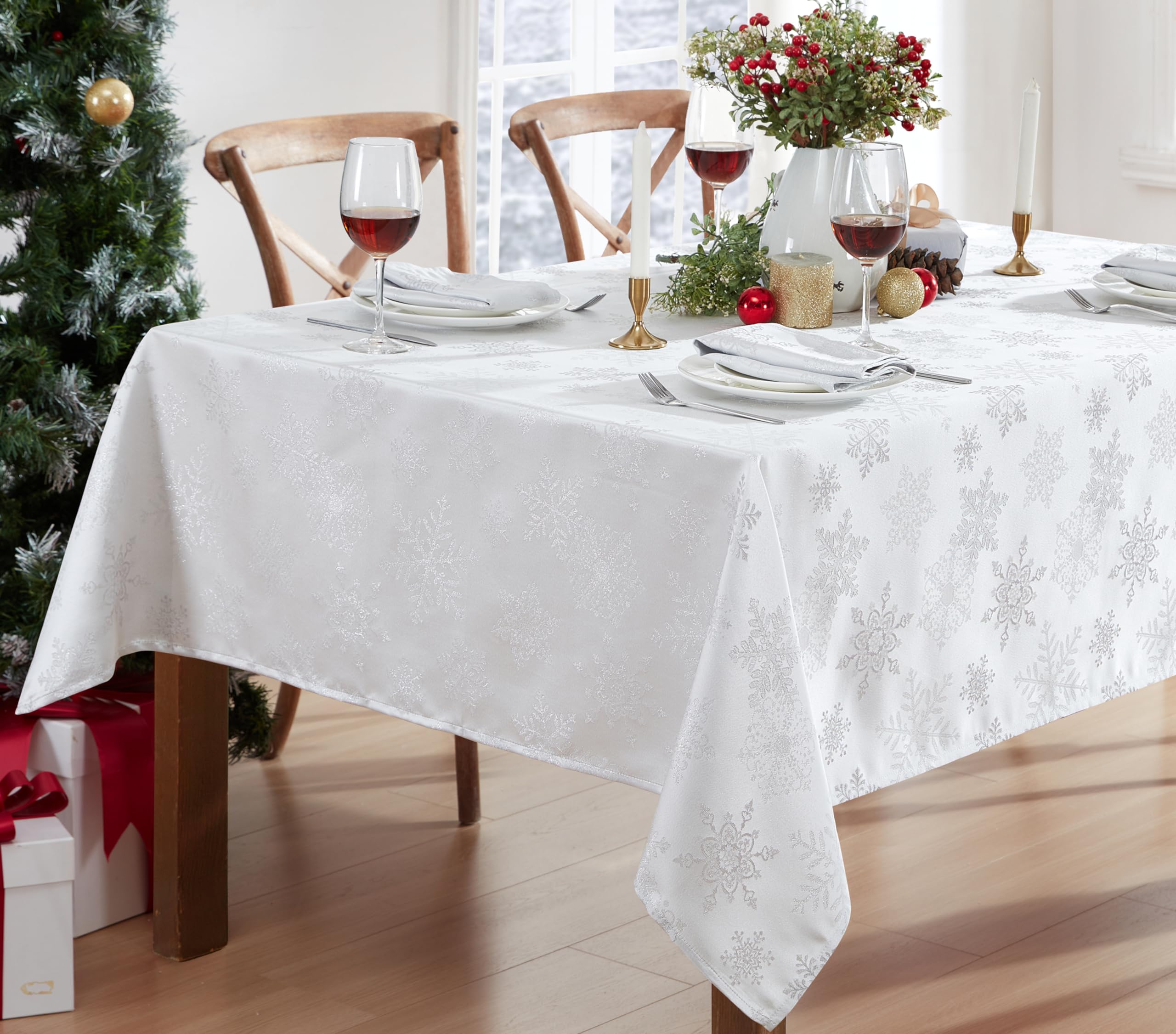 StyleMyBedroom Luxury Silver Metallic Jacquard Tablecloth - Sparkle Merry Christmas Design - View #3