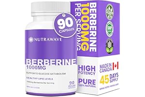 Nutrawave PURE Berberine MAXIMUM POTENCY 1000mg per Serving (2 capsules 500mg each) Supports Blood Sugar Levels, Healthy Lipi