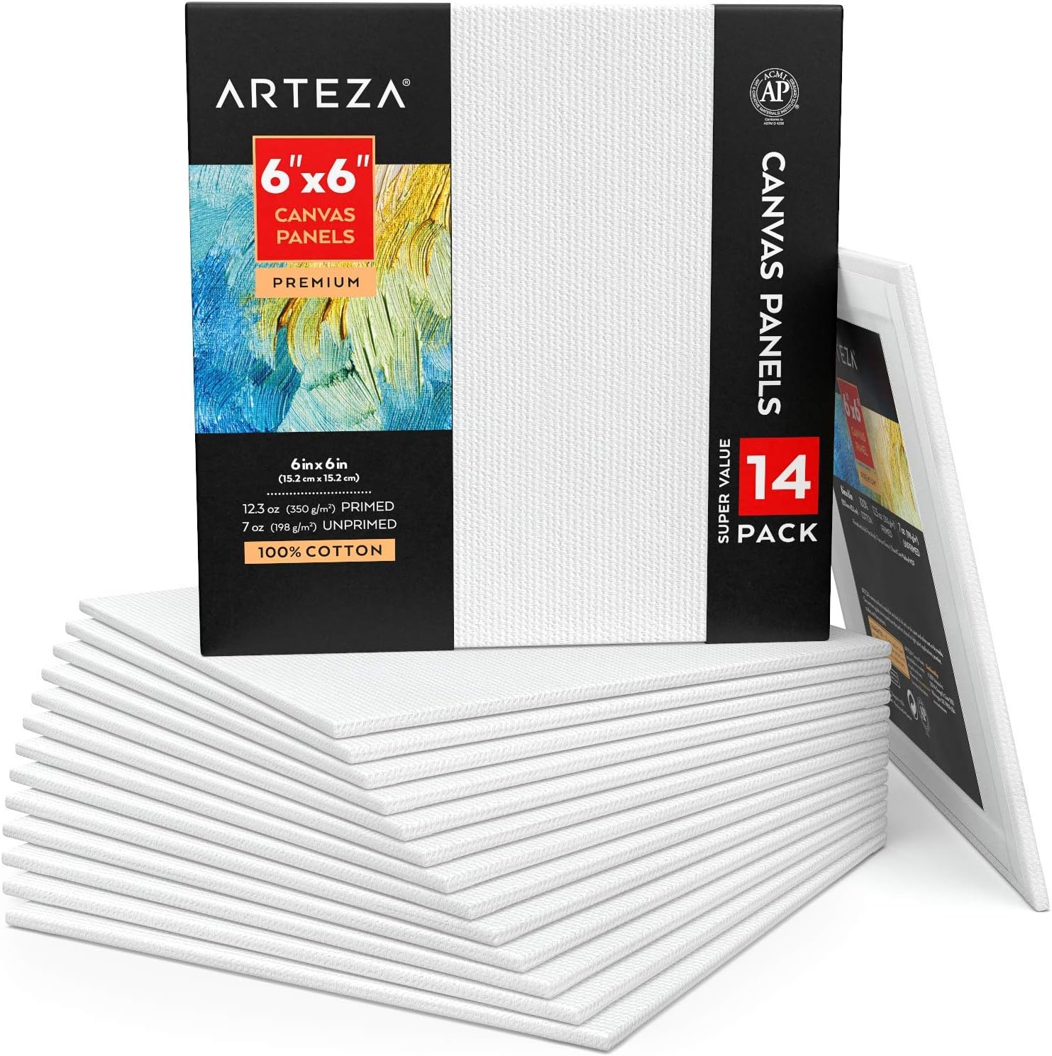 Arteza Canvas Panels 6x6 Inch, Pack of 14, White Blank, 100