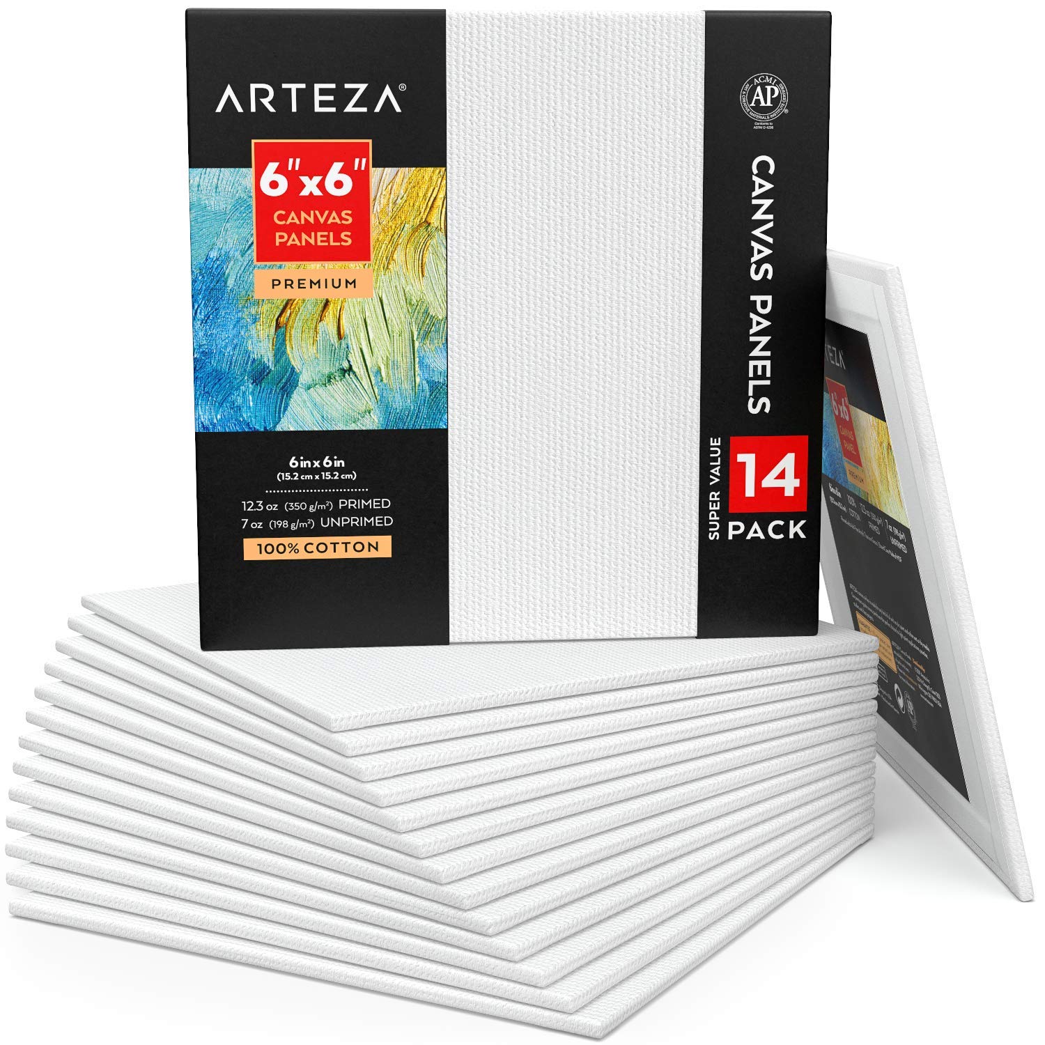 ARTEZA Canvas Panels 6X6 Inch, Pack of 14, White Blank, Cotton, 12.3 Oz Primed, 7 Oz Unprimed, Acid-Free, for Acrylic & Oil Painting, Professional Artists, Hobby Painters & Beginners