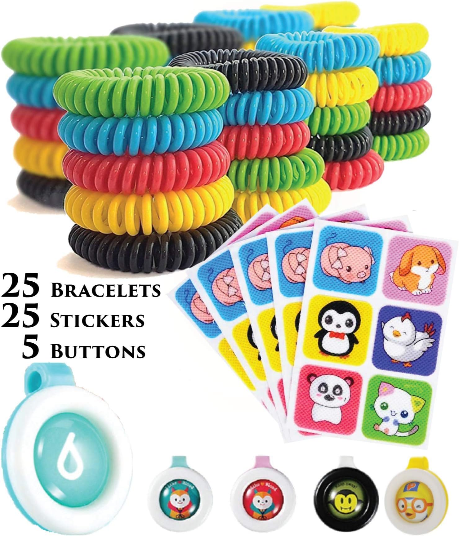 PREPARED4X Mosquito Repellent Bracelets, Waterproof Natural Deet Free Bug Repellent Wristbands, Stickers & Clips - One Size Fit-All - Assorted Set of 55 with 25 Bracelets, 25 Stickers & 5 Button Clips