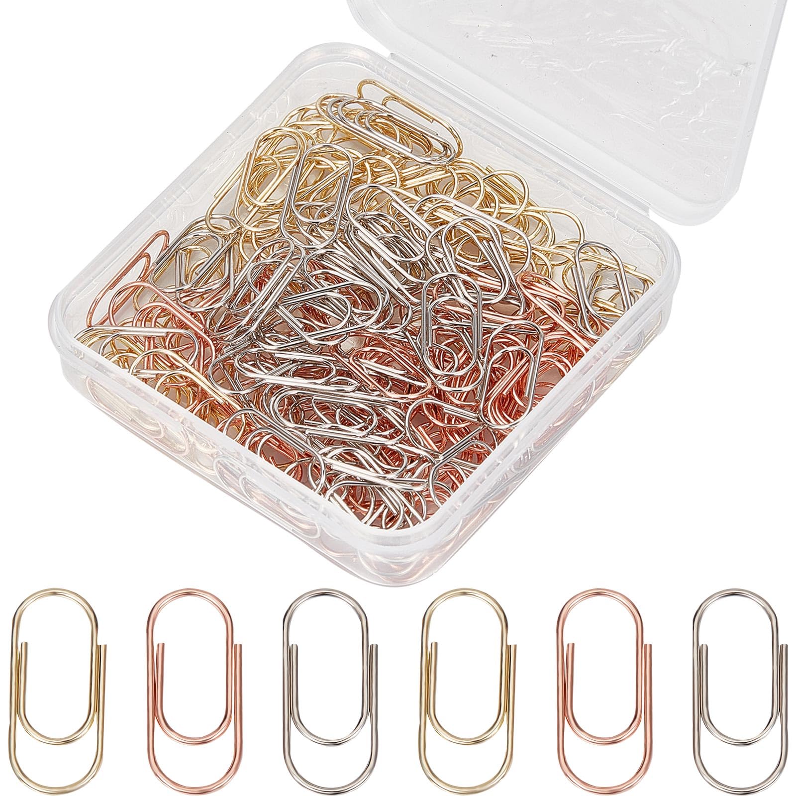 CRASPIRE 150Pcs 3 Colors Paper Clips Carbon Steel Paperclips Small Bookmark Clips Oval Rose Gold Silver Marking Clips with Plastic Storage Box for Office School Stationery Document Sorting Organizing