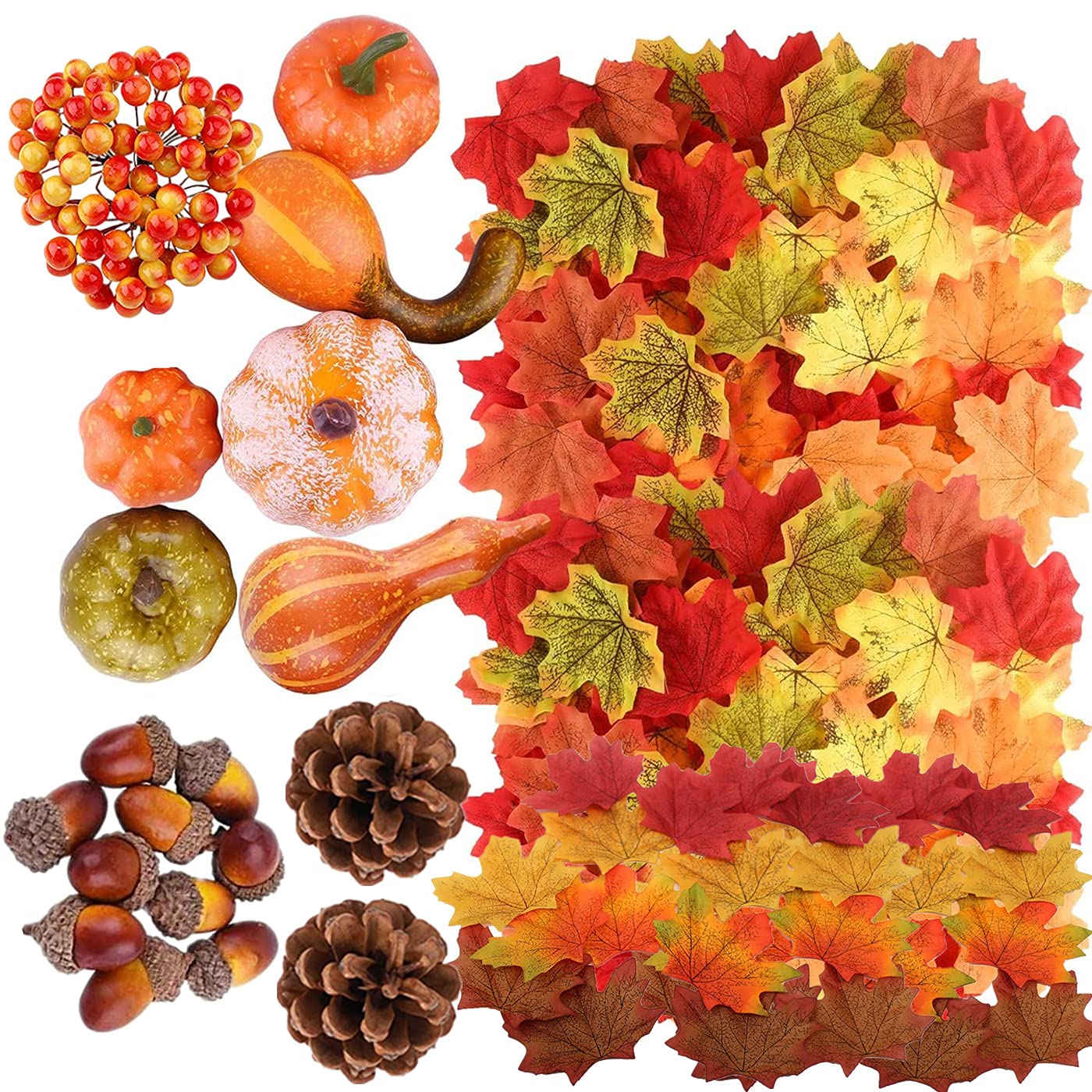148Pc Artificial Pumpkins Autumn Decoration set for Thanksgiving,Halloween Fake Harvest Pumpkin Maple Leaves Gourds Acorns Pine Cones Fall Holly Berries for Autumn Home Table Decor Fall Party Decor