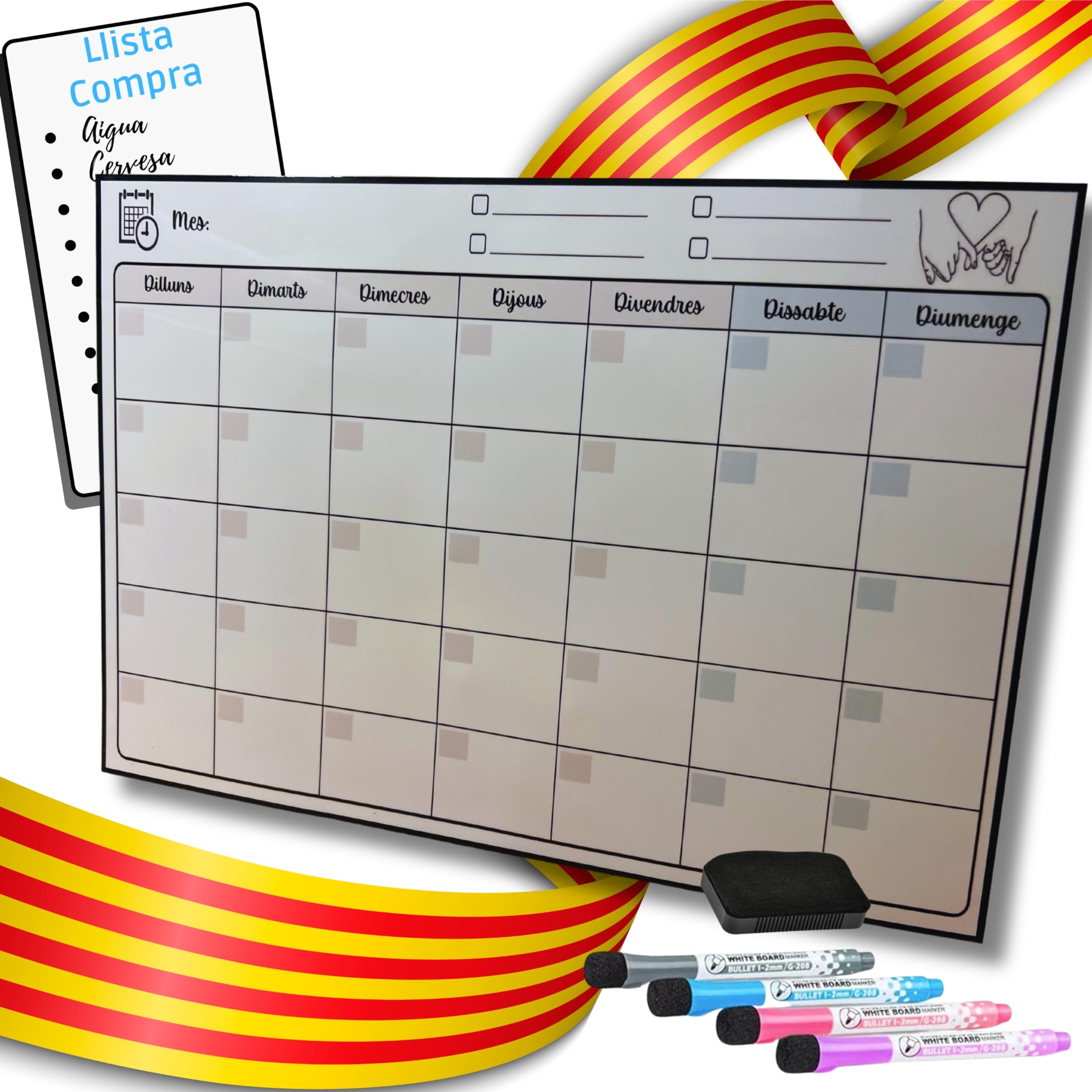 Genérico Catalan Magnetic Calendar for Fridge - Weekly Planner - Menu Planner - Shopping List - Magnetic Whiteboard Includes 4 Colour Markers and Eraser - Monthly - In Catalan