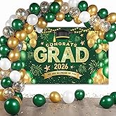 Green and Gold Graduation Decorations Class of 2026 Banner with Balloons Arch Kit Set - Large 2026 Graduation Backdrop Decor, Green Congratulations Grad Balloons Grad Party Decorations