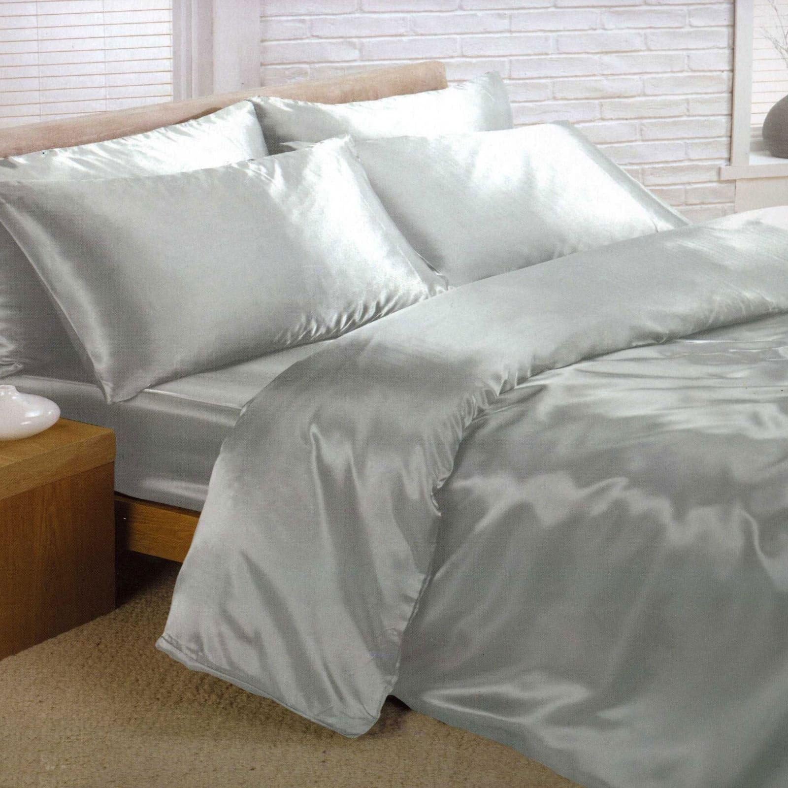 Charisma Silver Satin King Duvet Cover, Fitted Sheet and 4 Pillowcases Bedding