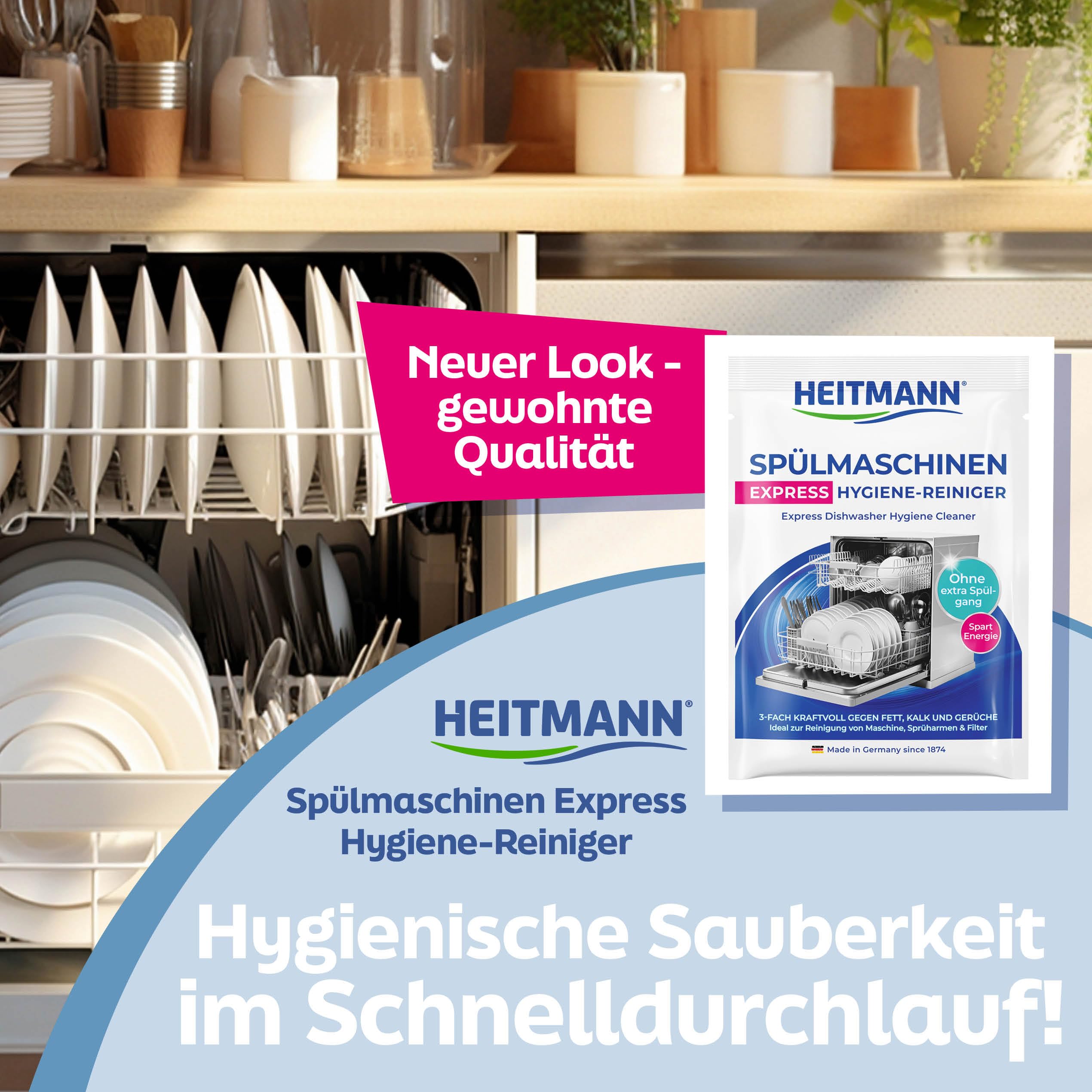 HEITMANN Express Spülmaschinenreiniger | Dreifach-aktiv gegen Fett, Kalk & Gerüche | Maschinenreiniger für Geschirrspüler – wirkt im Kurzprogramm | Für Sprüharme, Filter & Innenraum | 30 g 2