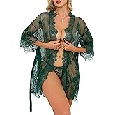 Rigeri Sexy Lingerie for Women Lace Kimono Robe Mesh Chemise Nightgown Lace Robe XS-3XL