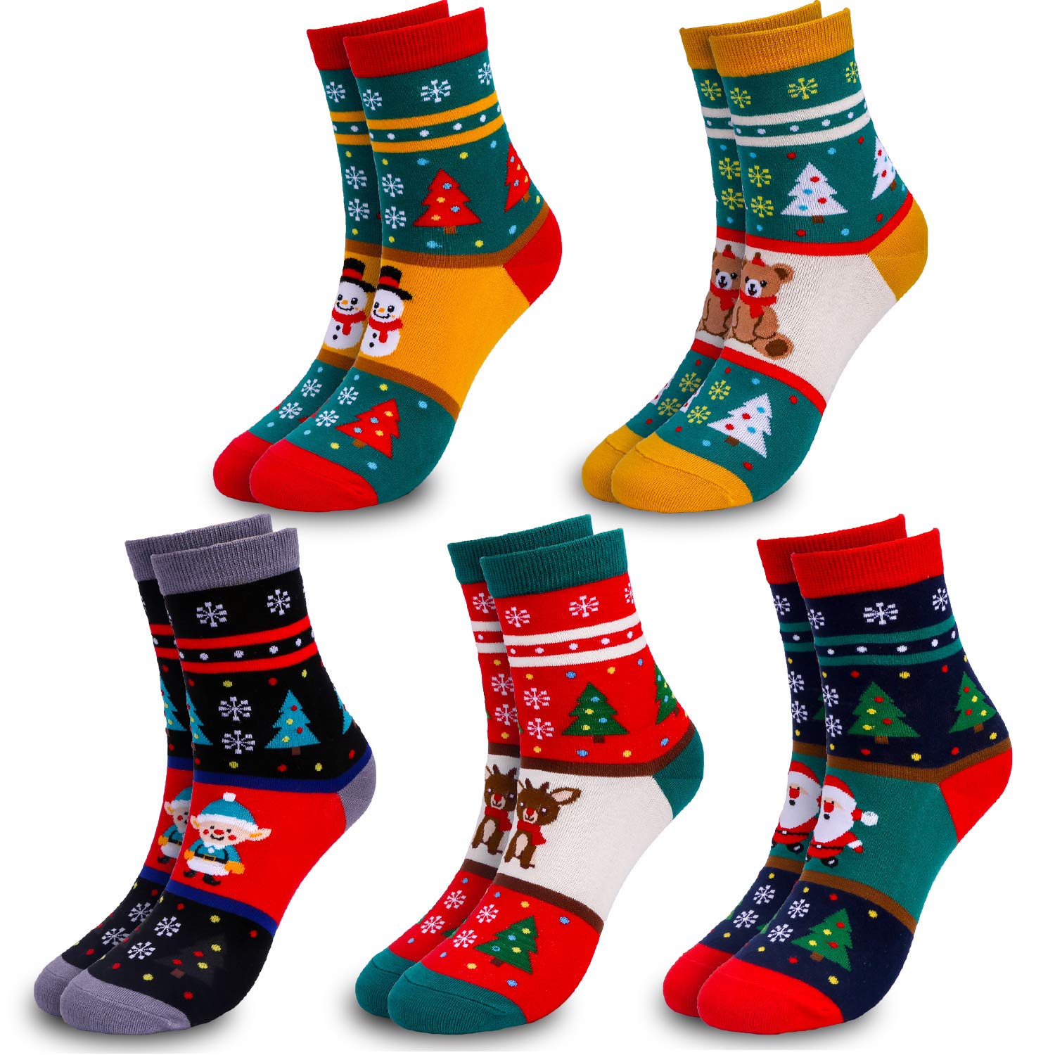 Qpout 5 Pairs Christmas Crew Socks - Funny Casual Soft Stretchy Holiday Unisex Winter Warm Cotton Thermal Socks for Boys Girls Men Women
