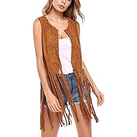 Hotouch Women Fringe Vest Faux Suede Tassels 70s Hippie Clothes Open-Front Sleeveless Vest Cardigan Female