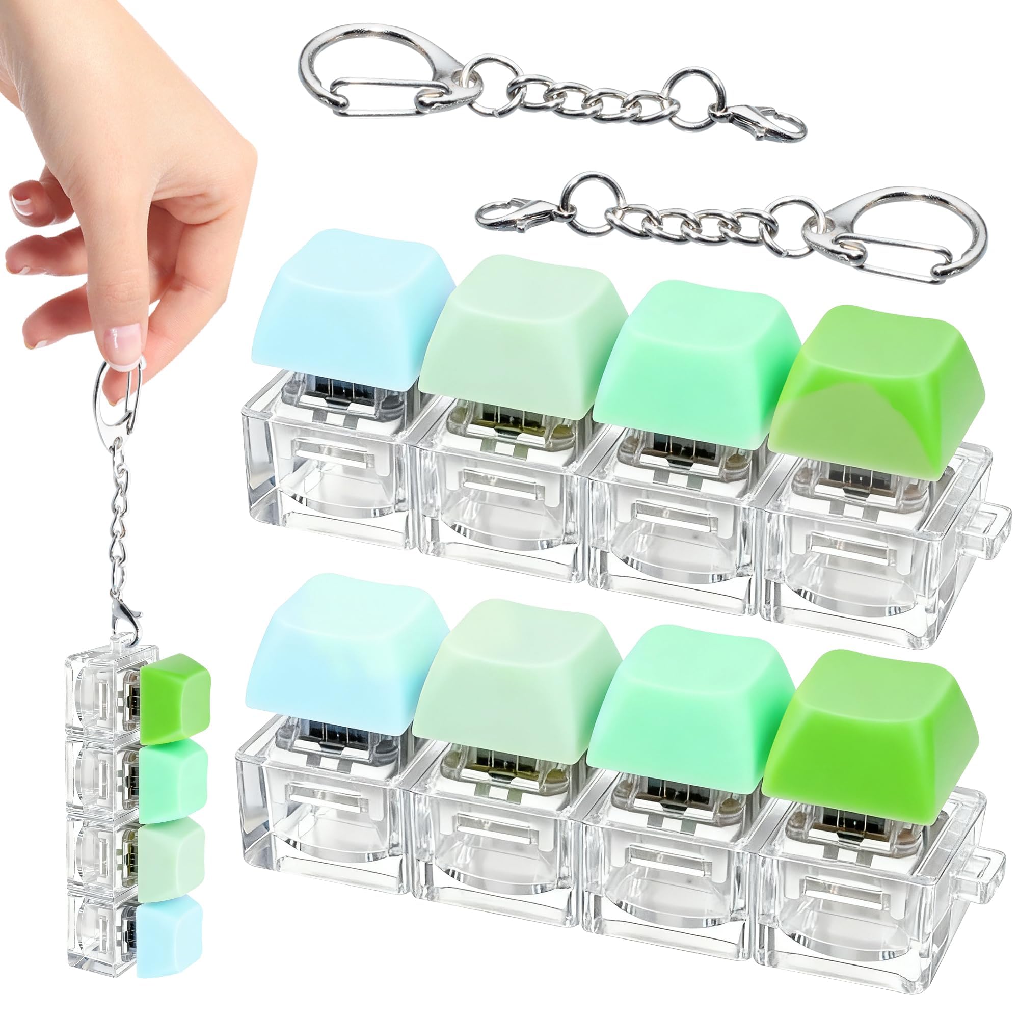 2 PCS 4-in-1 Keyboard Fidget Toy Keychain, Finger Clicky Button Toy Stress Relief Keychain with Swappable Keycaps, Mini Mechanical Key Fidget for Office Desk Focus Gifts (Mix Green)