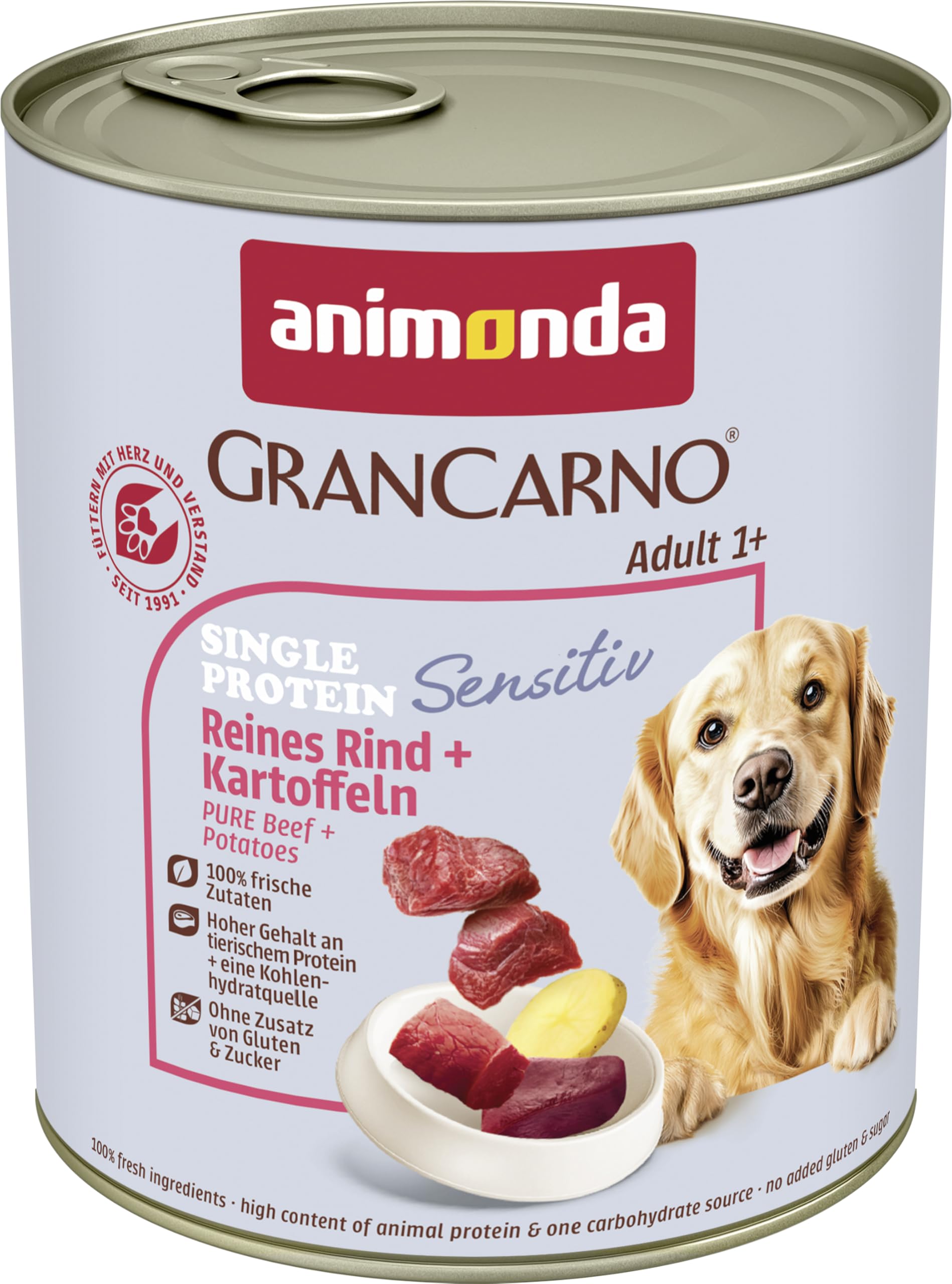 animonda GranCarno Sensitive Adult dog food, wet food for adult dogs, pure beef + potato, 6 x 800g