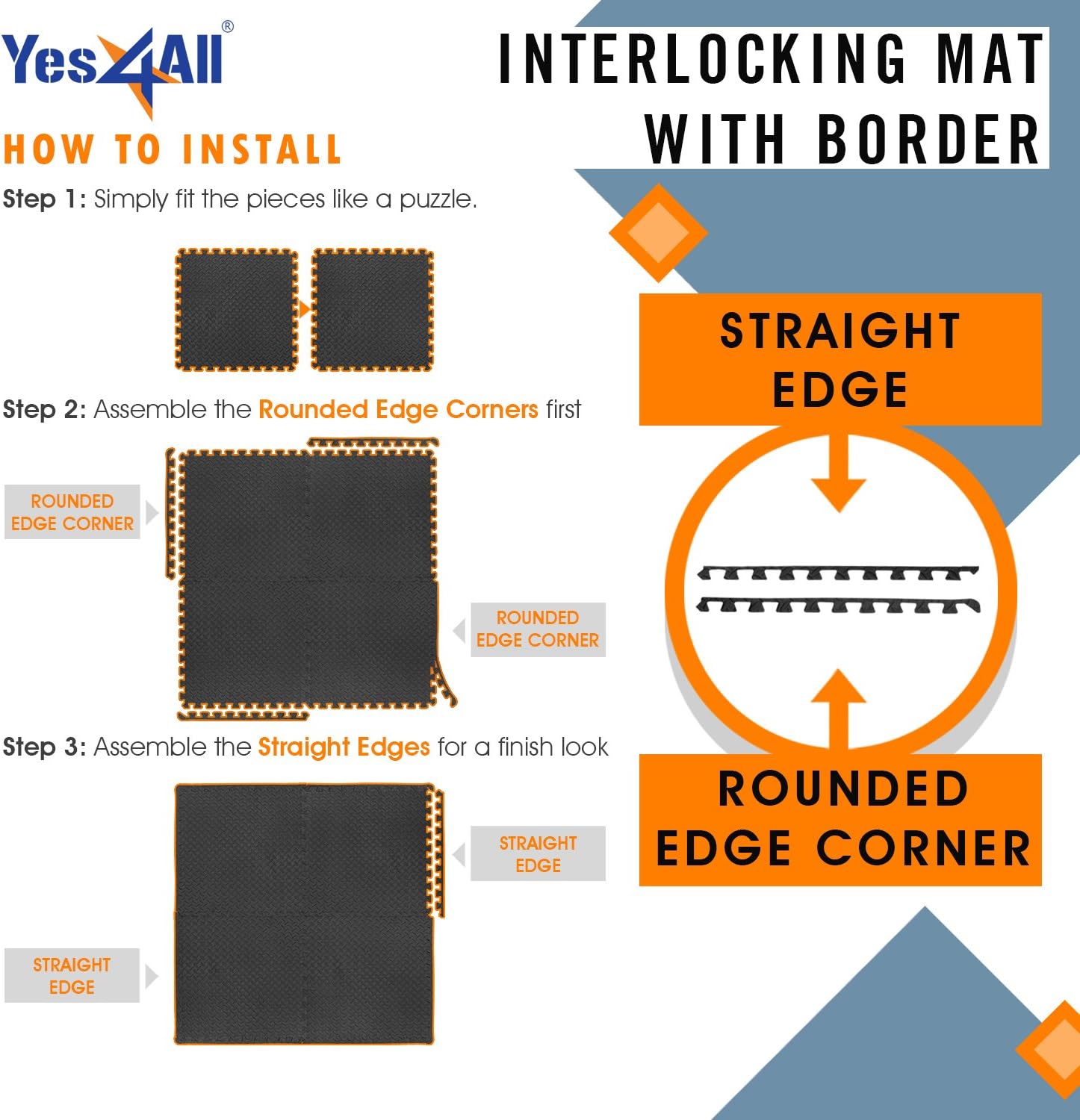 Yes4All Interlocking Exercise EVA Mat Floor Protector (120 Square Feet - Black - with Border) - ²XPAJZ (XPAJ) : Sports & Outdoors