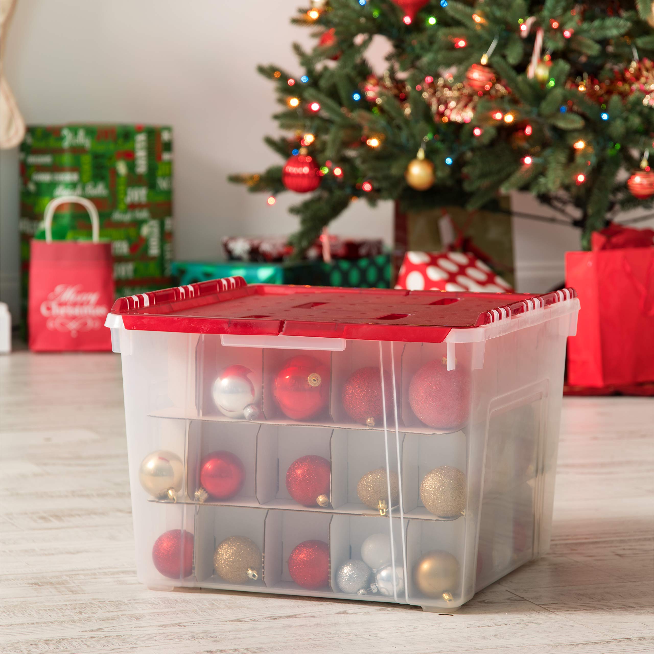IRIS USA, Inc. WL-60 Holiday Wing-Lid Box with Ornament Dividers, 60 Qt, 2 Pack, Clear/Red, 2 Count