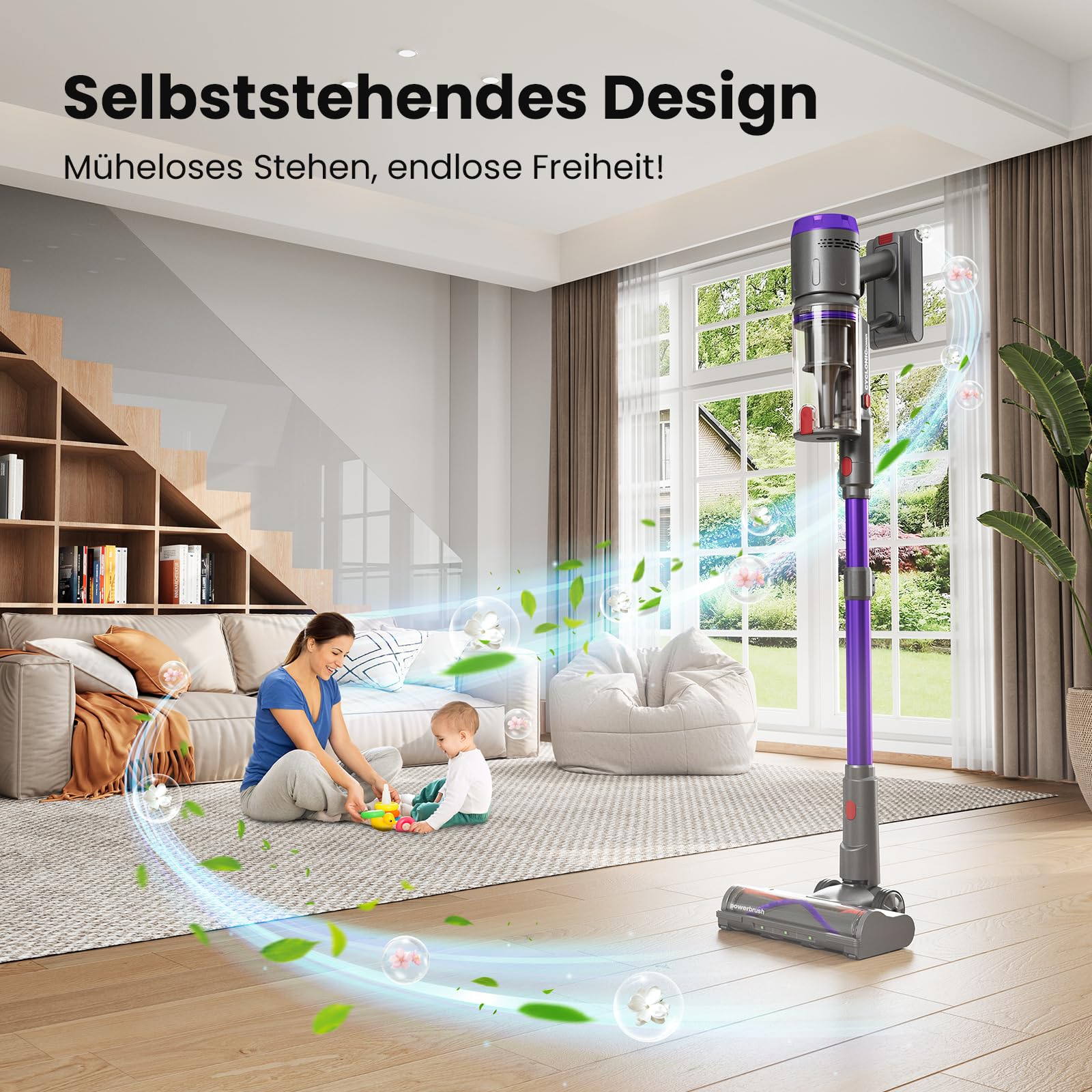 Circlio Akku Staubsauger, 600W/58000Pa/75Min, Laufzeit Staubsauger Kabellos mit Smart LED Display und Ladestation, Selbststehender Akkusauger mit Antitanglebürste für Teppich, Hartboden und Tierhaare 6