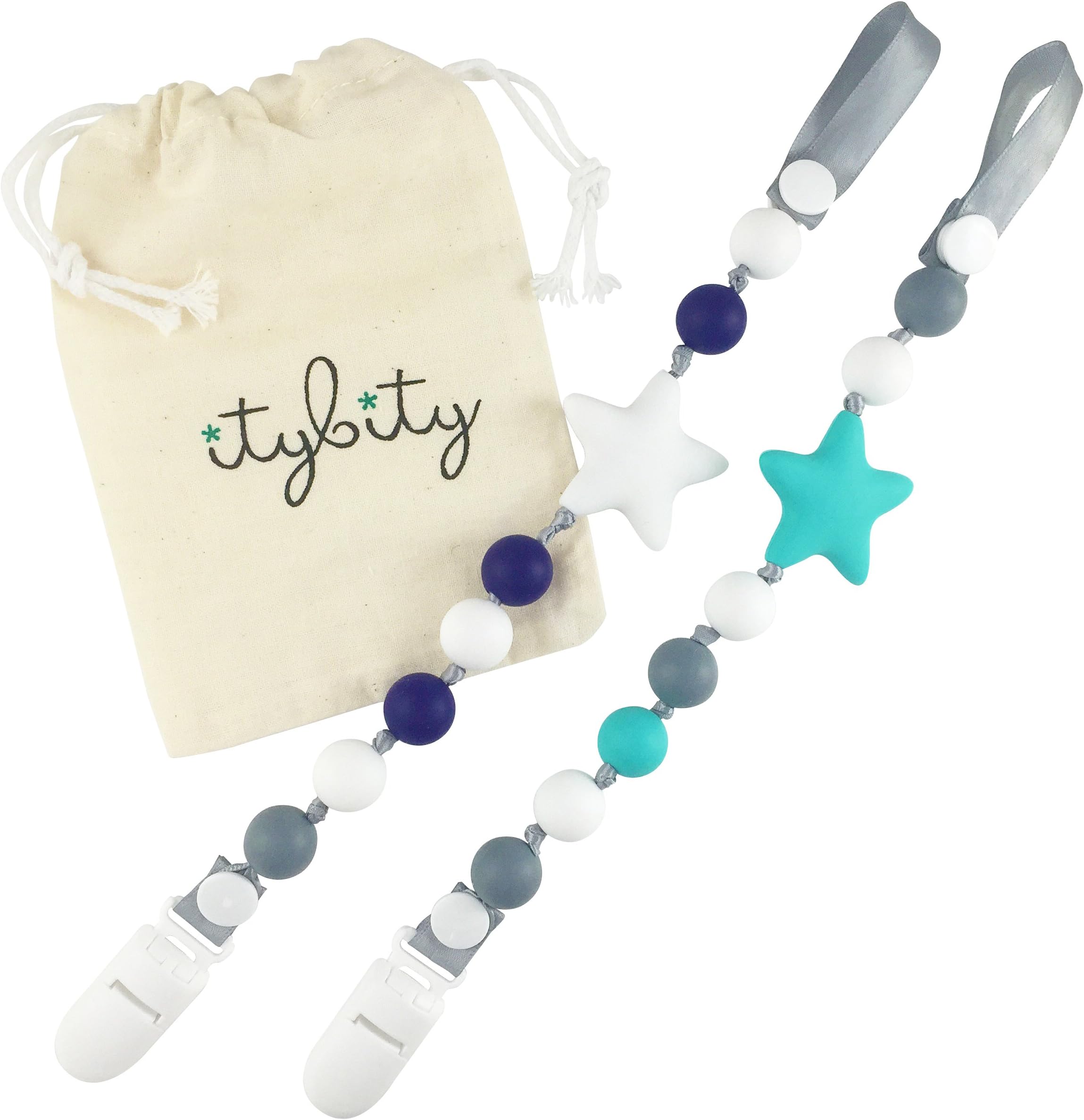 Itybity Pacifier Clip Boy - Silicone Baby Teether for Baby BPA Free 2 Pack Navy/White