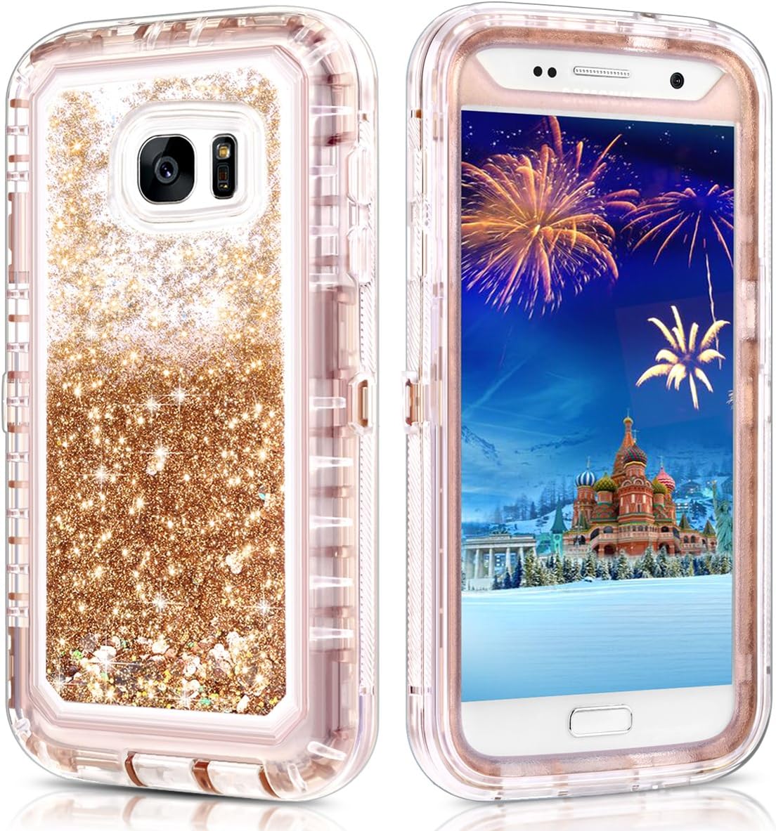 WOLLONY Galaxy S7 Case, 360 Full Body Shockproof Liquid Glitter Quicksand Bling Case Heavy Duty Phone Bumper Soft Non-Slip Clear Rubber Protective Cover for Samsung Galaxy S7(Rose Glod)