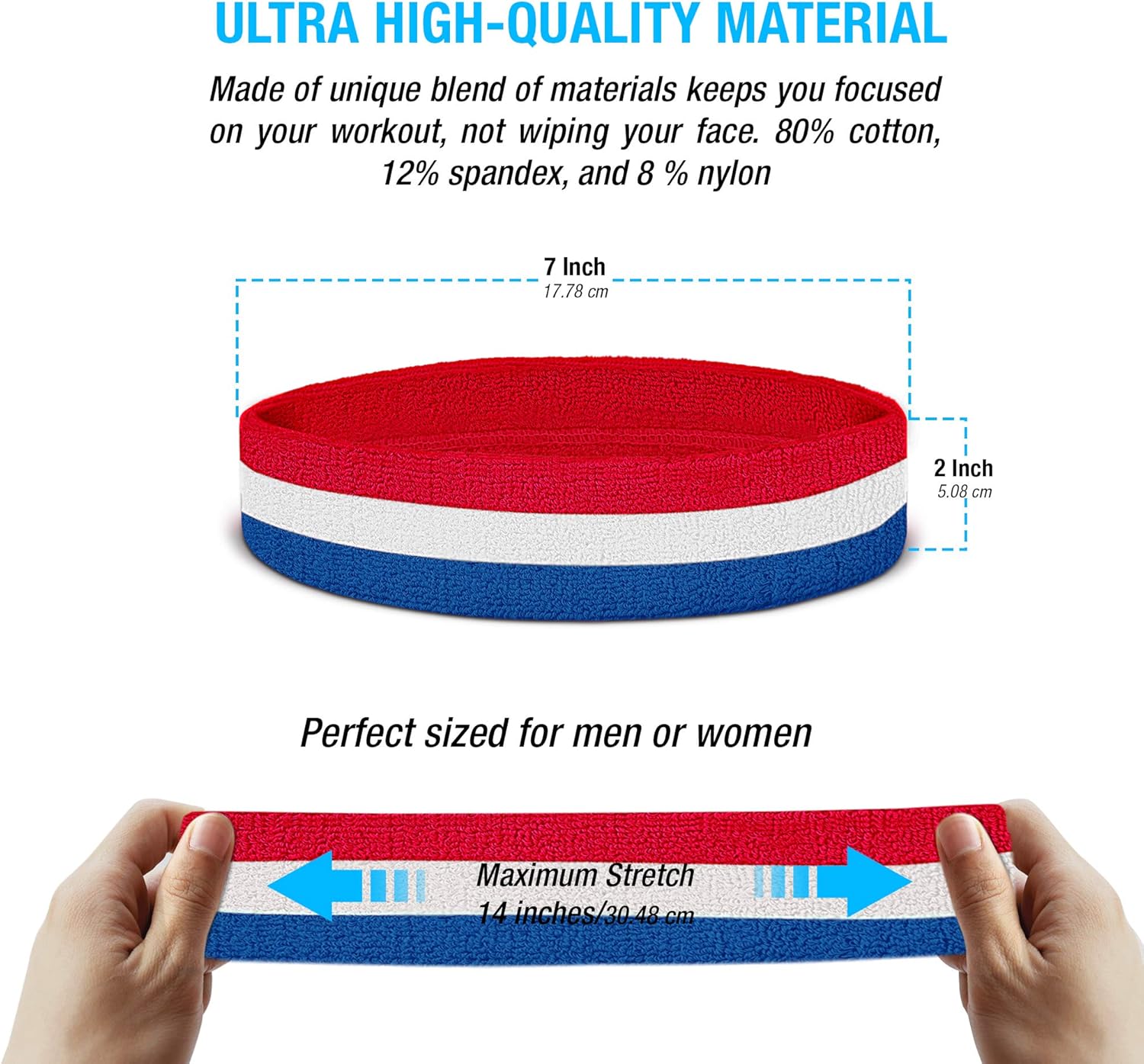 Suddora Striped Sweatband/Headband - Terry Cloth Athletic Basketball Head Sweat Bands (Red White Blue) : Clothing