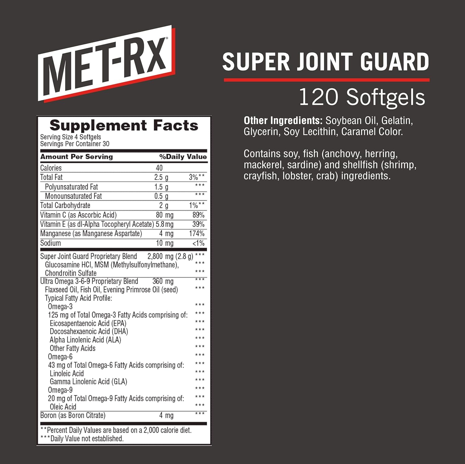MET-Rx Super Joint Guard Supplement with Glucosamine, Chondroitin, and Omega 3 6 9 Fatty Acids, 120 Softgels: Health & Personal Care