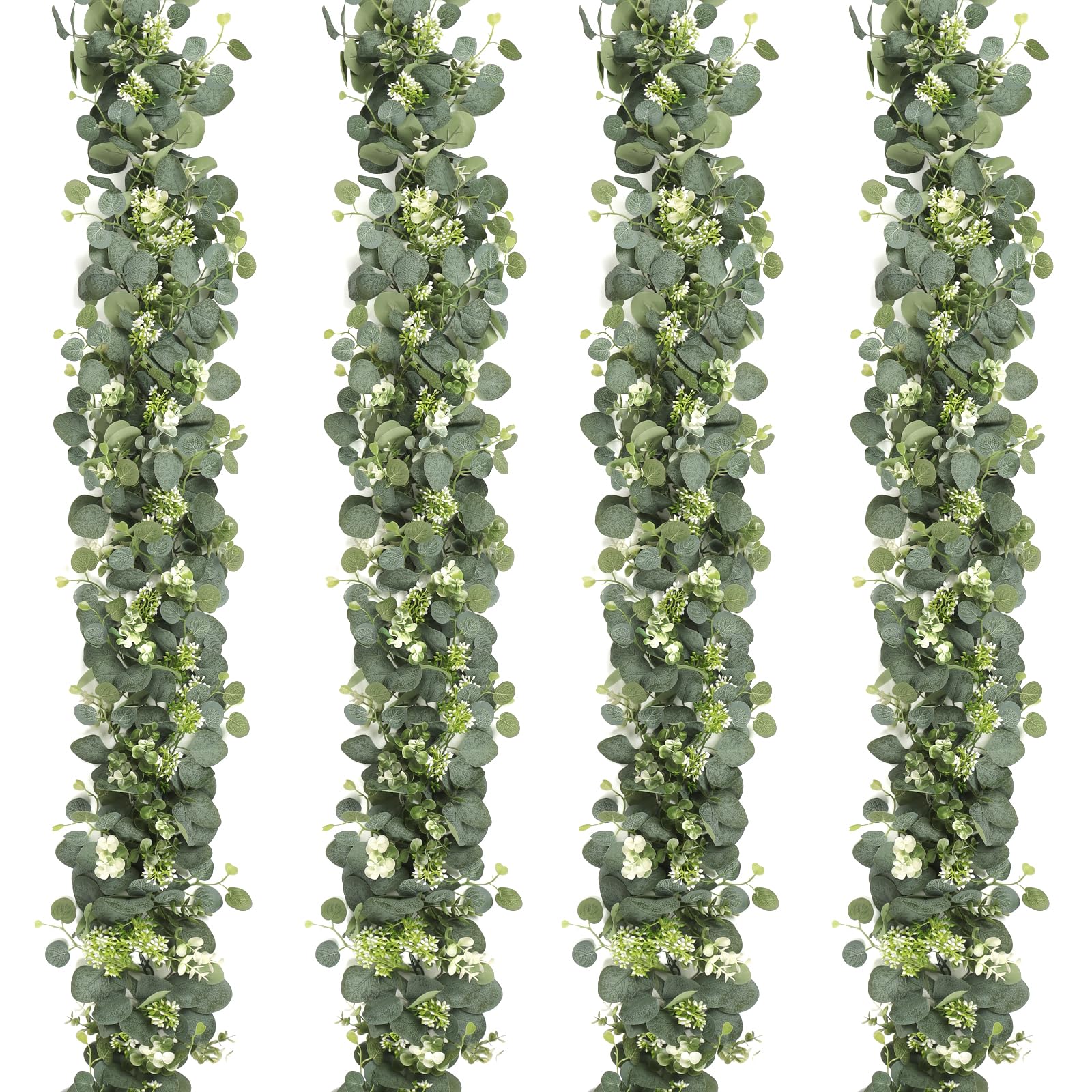 UXORSN 4PCS Artificial Eucalyptus Garland 6FT Faux Silver Dollar Foliage Greenery Vines Fake Leaves White Seeds Hanging Ivy Artificial Foliage Garlands for Wedding Party Mantle Table Home Decoration