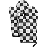 Ohocut Black and White Checkered Oven Mitts Heat Resistant, Vintage Retro Checkerboard Cute Oven Mitts, Non-Slip Silicone Kitchen Oven Gloves 1 Pair 7''x13''