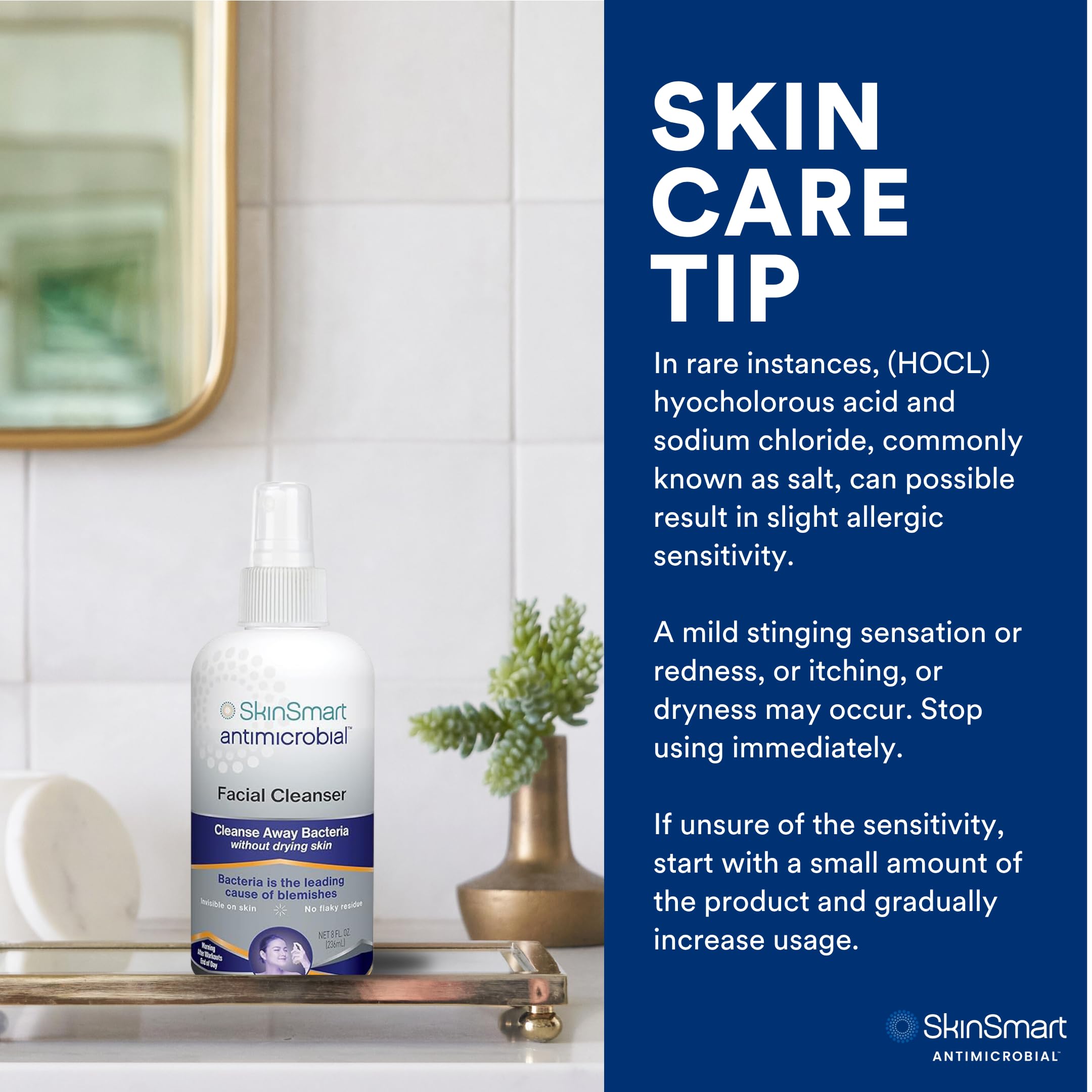 SkinSmart Antimicrobial Facial Cleanser for Breakouts & Blemishes; Hypochlorous Acid Formula Targets Bacteria to Reduce Skin Irritation and Flush Pores Clean, 8 oz Spray, All Ages & All Skin Types