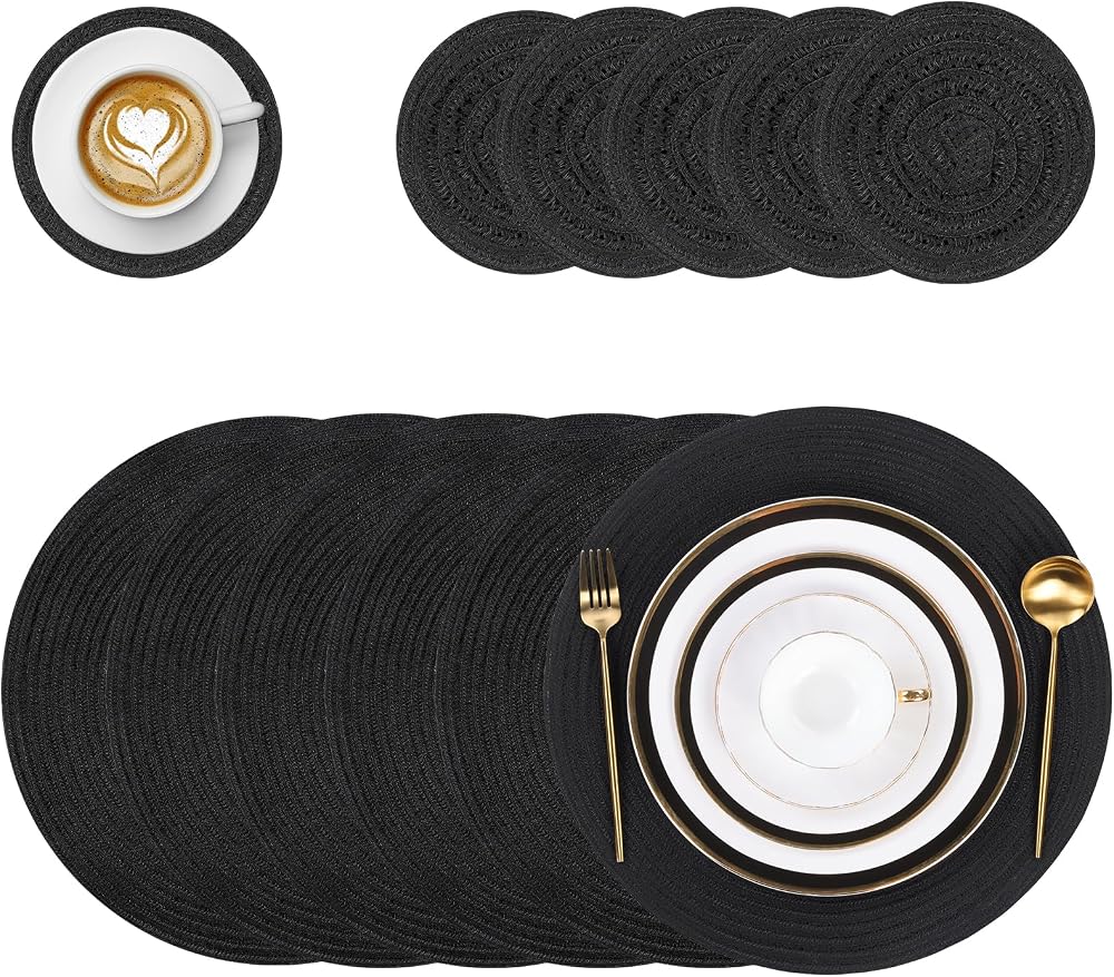 Pauwer Round Placemats and Coasters Set of 6 Black Non Slip Heat Resistant