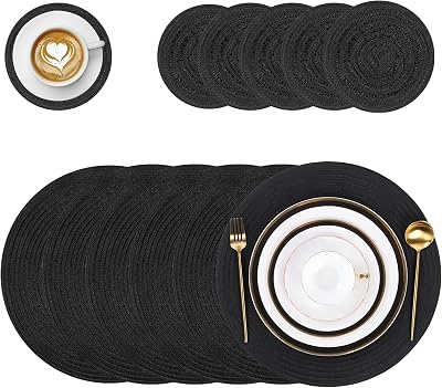 Pauwer Round Placemats and Coasters Set of 6 Black Non Slip Heat Resistant
