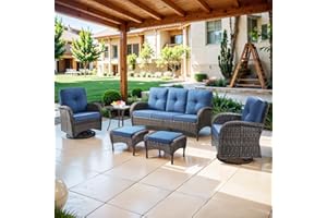 Belord 6 Piece Patio Conversation Sets - Wicker Patio Furniture Sets with Outdoor Swivel Rocker Chairs Outdoor Couch Perfect for Patio Deck Backyard, Brown Wicker Blue Cushion