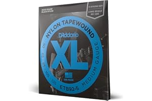 D'Addario Bass Guitar Strings, Tapewound Black Nylon, ETB92-5, Long Scale, Medium Gauge 50-135, 5-String Set, Pack of 1