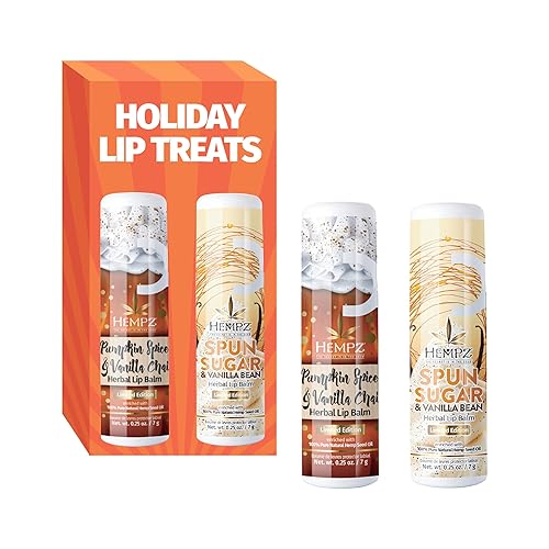 Hempz Limited Edition Fall Nourishing Lip Balm 2-Pack, Pumpkin Spice & Vanilla Chai .25 oz. and Limited Edition Spun Sugar & Vanilla Bean Lip Balm .25 oz