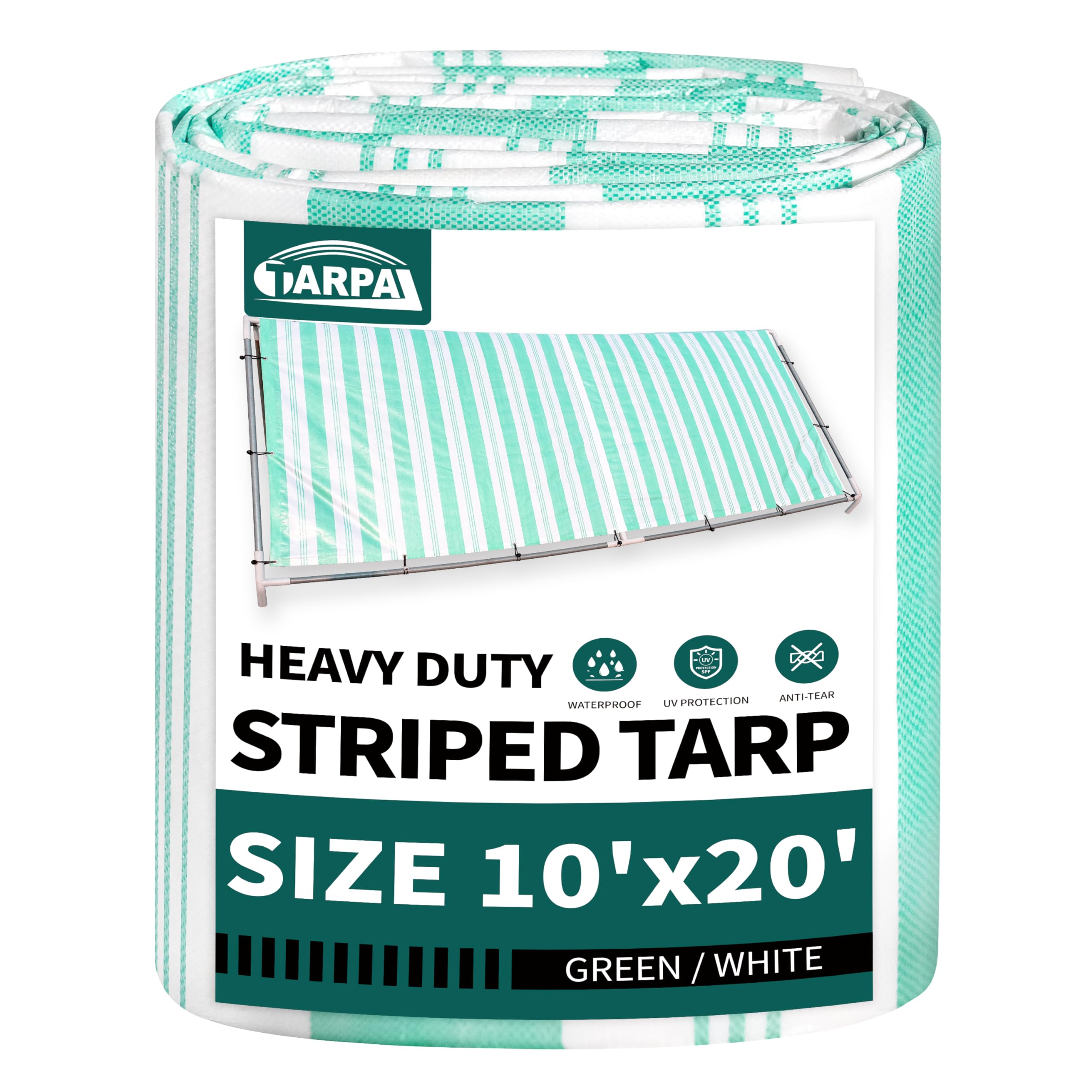 TARPAL Heavy Duty Poly Tarp 10x20 Feet 12mil Striped tarp Multipurpose Protective Cover Durable, Waterproof, Weather Proof, UV,Rip and Tear Proof（Green/White） Image