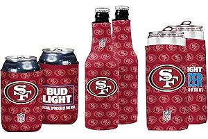 Bud Light & NFL Licensed San Francisco 49ers Premium Insulated Neoprene Koozy Cover Set, 2 Can/2 Seltzer/2 Bottle - Easy On & Foldable for 12 Ounce Drinks - 2 Sided Design - Great Holiday Gift