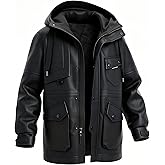 BEST SOUTH Men's Faux Leather Jacket Long Winter Coat Motorcycle Warm Casual Bomber Hood