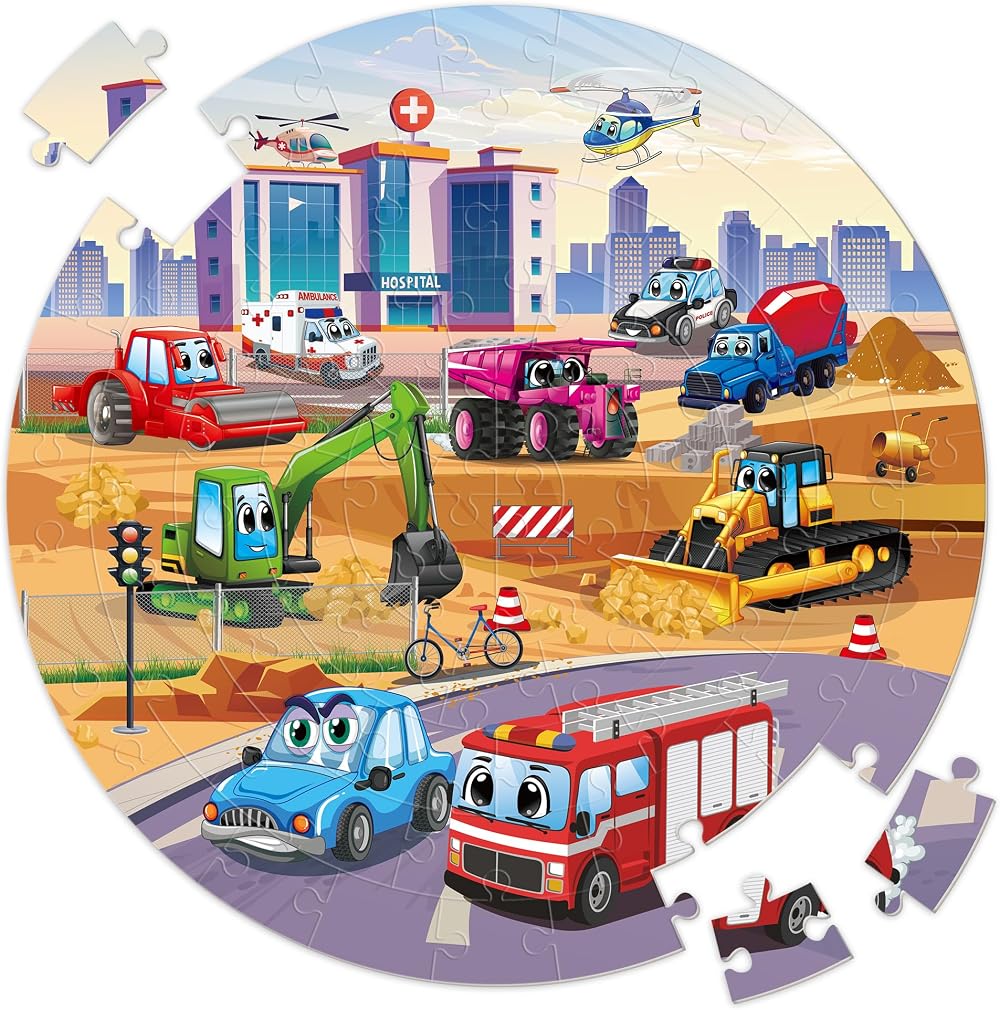 SYNARRY Giant Construction Vehicle Floor Puzzle 70pcs Round Kids 3 8 yrs