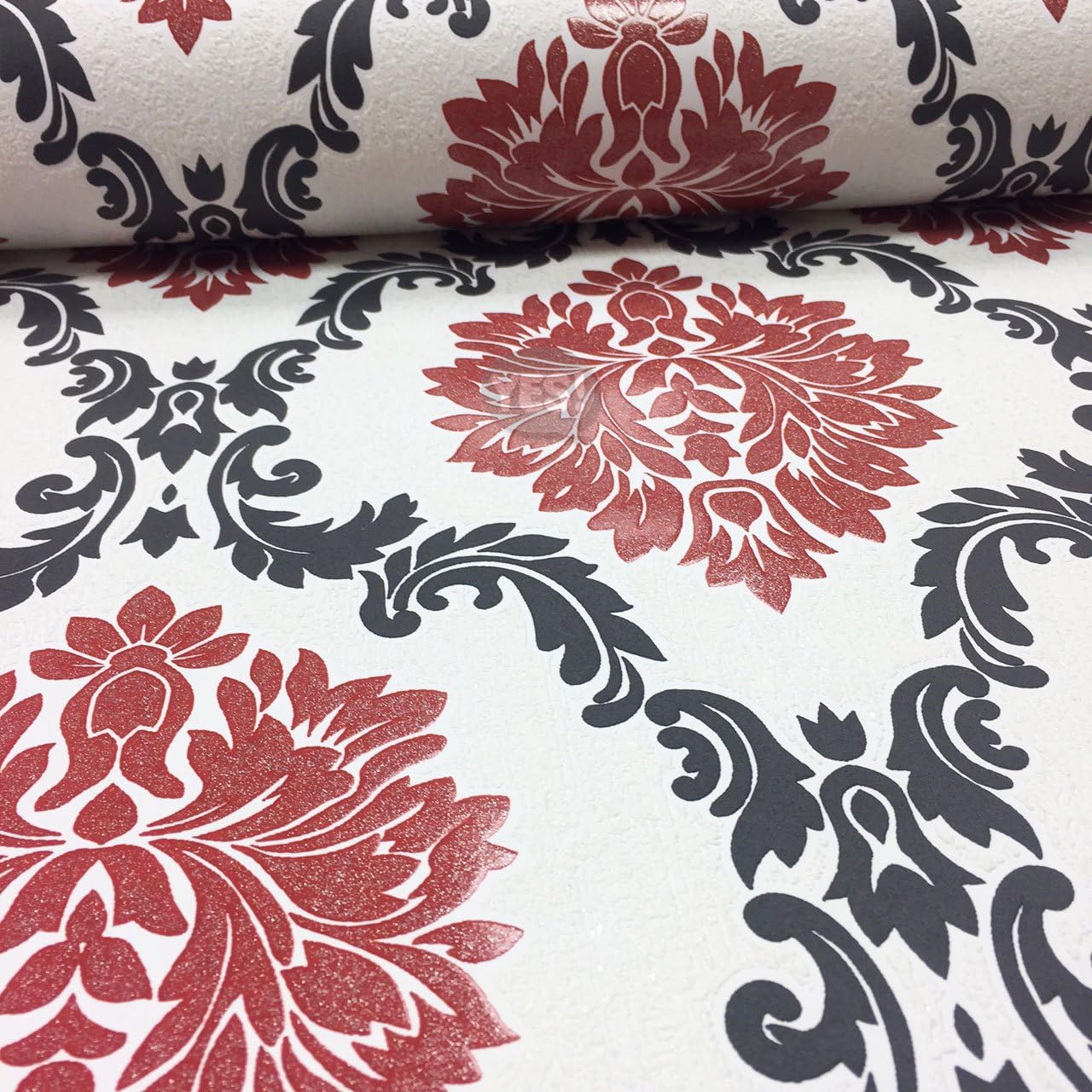 Erismann Glitter Damask Wallpaper Textured Embossed Vinyl White Red Black