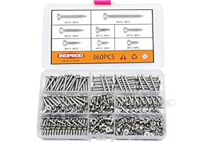 Indprod M4 Flat Head Self Tapping Wood Screws Assortment Fasteners Kit 360Pcs,Phillips Drive Countersunk Head Self-Tapping Screws,Stainless Steel.