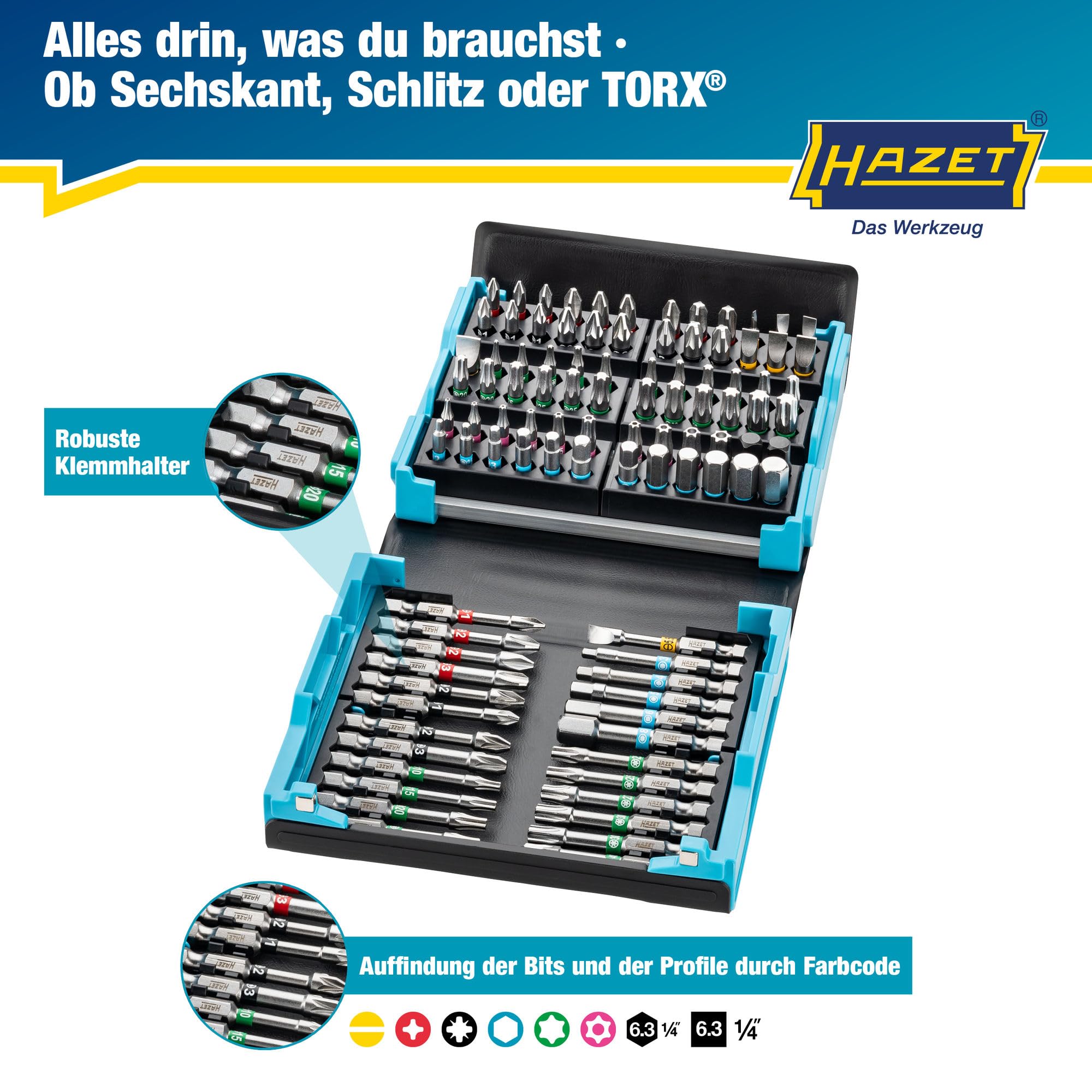HAZET Smartcase Bit-Satz 2200SC-3 I 96-teilig, Antrieb: Sechskant 6,3 (1/4 Zoll), maximal viele Werkzeuge auf kleinstem Raum für beste Übersicht I klappbarer Werkzeug-Satz Made in Germany 6
