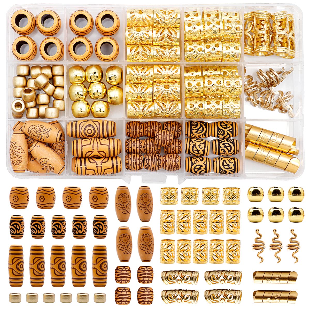 Dotilili Hair Jewelry for Braids, 124 Pcs Gold Hair Beads Coils Dreadlocks Accessories Metal Jewelry Aluminum Cuffs Decoration Charms Rings for Women Men Braids