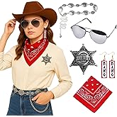 ZZIHAN Cowboy & Cowgirl Costume Outfit Accessories Set for Women and Teen Girls – 5pcs Western Kit with Concho Chain Belt, Bandana, Badge, Sunglasses & BANG Earrings for Halloween or Party Dress Up