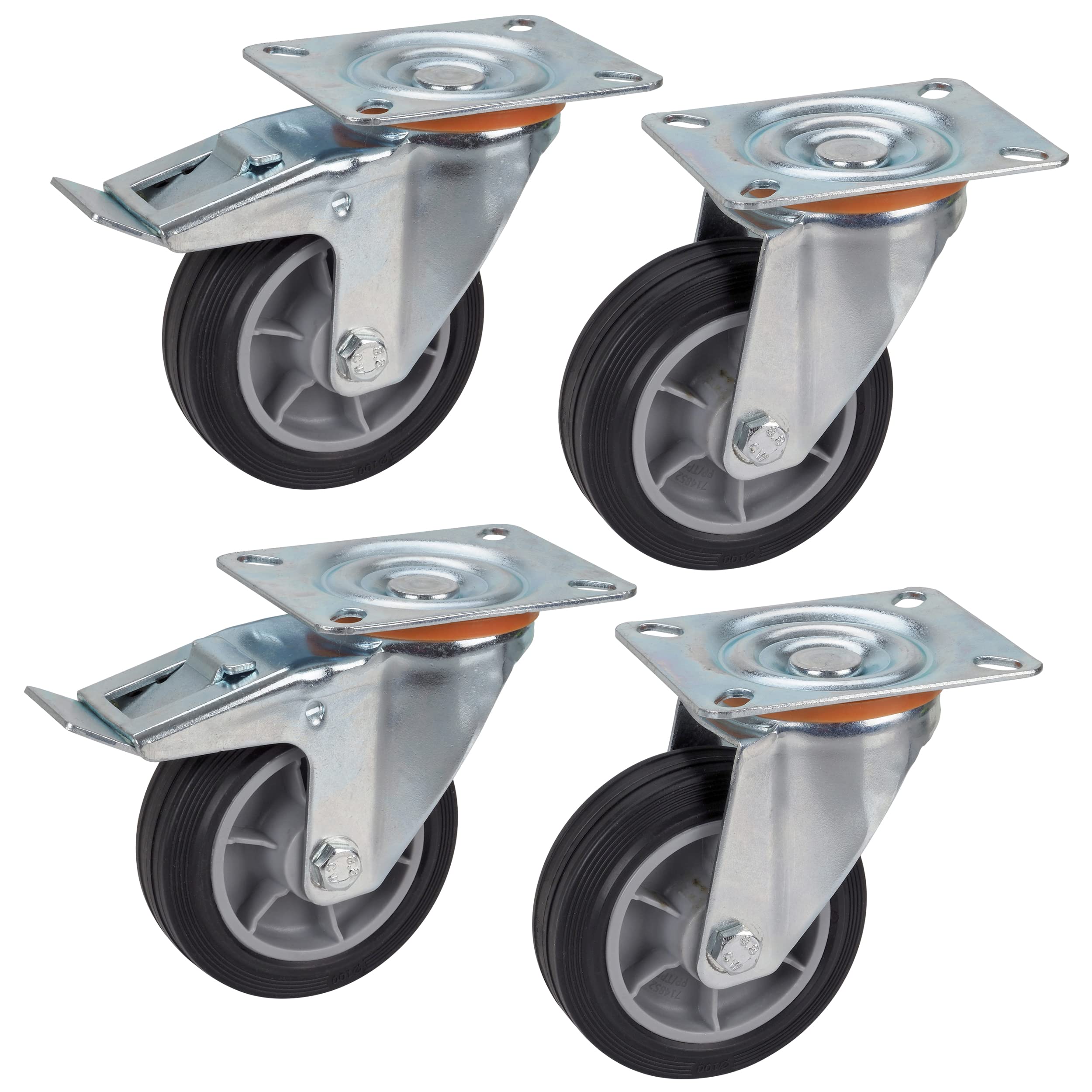 Dörner + Helmer Set of 4 Transport Equipment Swivel Castors 100 mm TPE, Panel 100 x 85 mm, Roller Mix, Load Capacity 210 kg per Set
